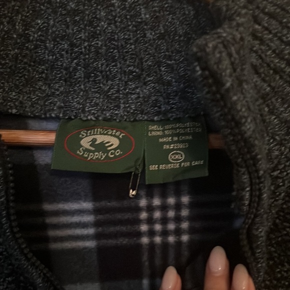 Marbled Navy Blue and White Half-Zip Pullover Sweater, Lined with Plaid Fleece - Picture 3 of 6